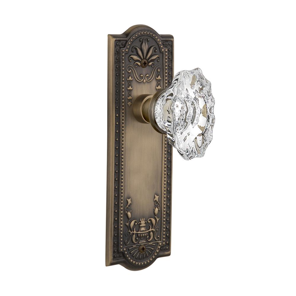Nostalgic Warehouse MEACHA Full Passage Set Without Keyhole Meadows Plate with Chateau Knob in Antique Brass